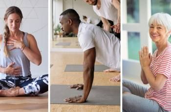 Three people in different yoga poses
