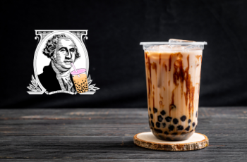 A picture of bubble tea and George Washington drinking a small bubble tea